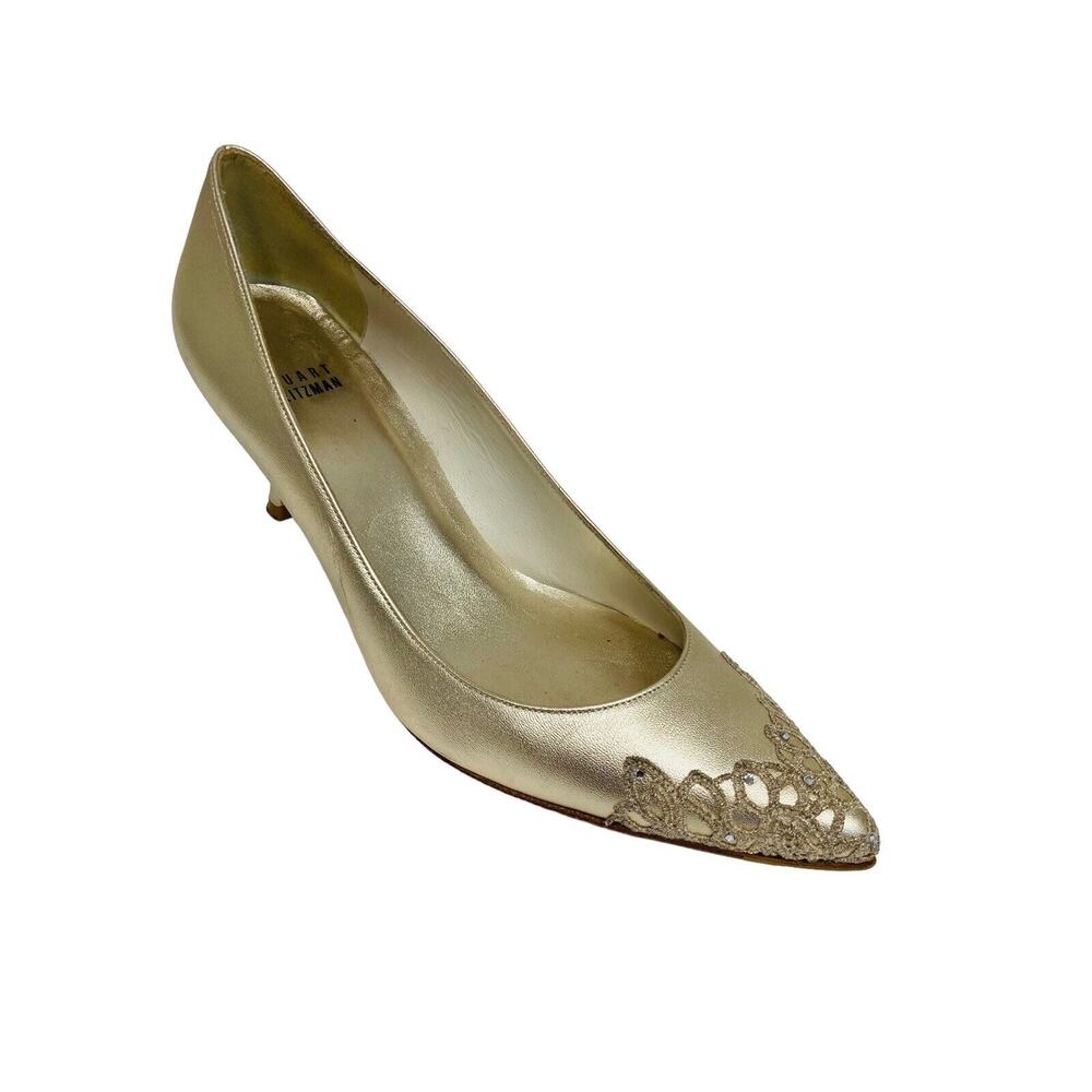 STUART WEITZMAN Gold Satin Embellished Crystal Pointed Toe Heels Pumps 8 - Picture 2 of 7